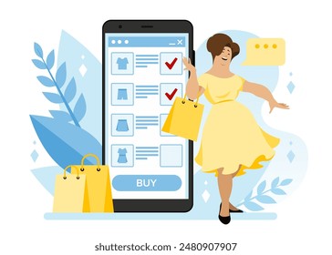 A body-positive woman makes purchases using her smartphone. An application for an online clothing store of large sizes. Profitable purchases and high-quality marketing. Vector illustration in cartoon