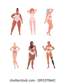 Body-positive women collection. Vector illustration of pretty women of diverse ages, ethnicities, and body types, standing in casual underwear. Isolated on white