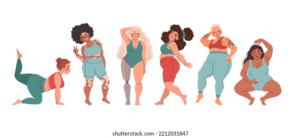 Body-positive women collection. Vector illustration of pretty women of diverse ethnicities, and body types, in underwear