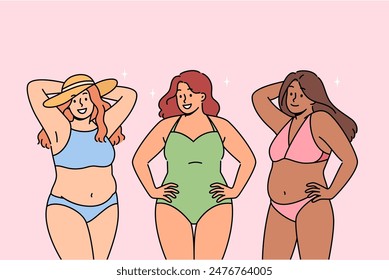 Body-positive women in swimsuits smile and call to abandon stereotypical opinions and body shaming. Attractive girls visiting sunny beach are preparing to sunbathe and swim in sea or ocean