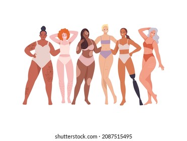 Body-positive Women. Vector illustration of pretty young  and adult women of diverse ethnicities and body types, standing together in casual underwear. Isolated on white