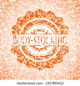Body-stocking orange tile background illustration. Square geometric mosaic seamless pattern with emblem inside.