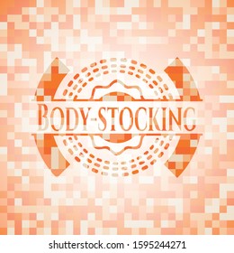 Body-stocking orange tile background illustration. Square geometric mosaic seamless pattern with emblem inside.
