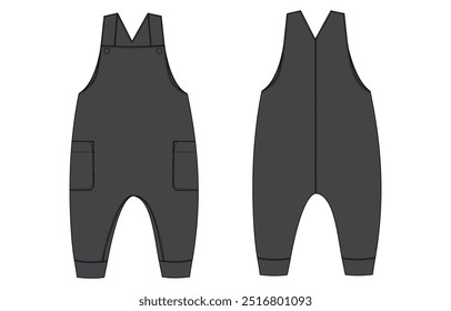 Bodysuit dungaree technical drawing fashion flat sketch vector illustration black color template for kids