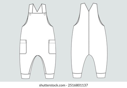 Bodysuit dungaree technical drawing fashion flat sketch vector illustration template for kids