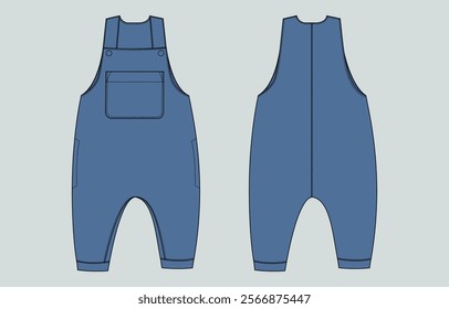 Bodysuit dungaree technical drawing fashion flat sketch vector illustration Blue color template for kids
