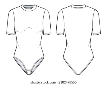  Bodysuit fashion flat technical drawing template. Girls  Bodysuit with short sleeve, round neck, fashion CAD mockup, front and back view, white. 