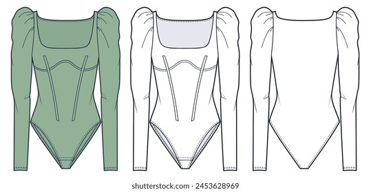 Bodysuit fashion flat technical drawing template. Long Sleeve Bodysuit technical fashion illustration, square neckline, puff sleeve, front and back view, white, green, women CAD mockup set.