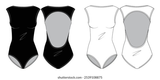 Bodysuit fashion flat technical drawing template. swimsuit technical fashion Illustration, front view, back view, white, mockup.