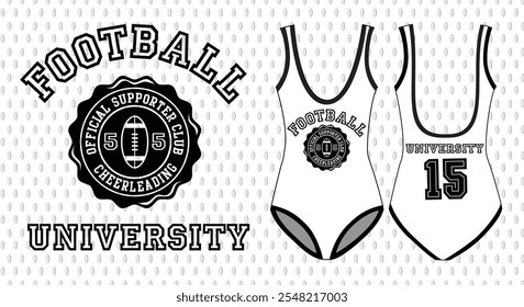 Bodysuit fashion flat technical drawing screen football. for cheerleader technical fashion Illustration, front view, back view, black and white, mockup.