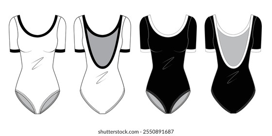 Bodysuit fashion flat technical drawing template. swimsuit technical fashion Illustration, front view, back view, white, mockup.