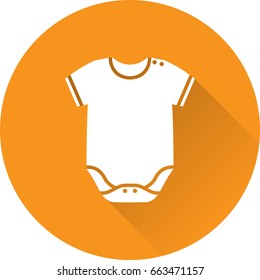 Bodysuit icon. Vector. White baby sleeper on orange background. Baby shower simple symbol of romper in flat design with long shadow.