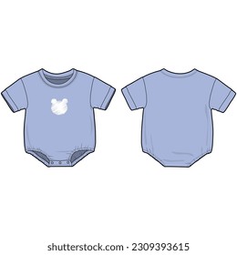 Bodysuit for newborn baby, front and back view flat sketch for a tech pack. Blue with short sleeve and bear print, for kids - boys and girls, vector graphics for garment production apparel brand