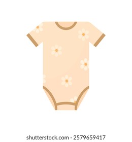 Bodysuit for newborns with a floral print in a cartoon style on a white isolated background. Clothes for small children in coffee color. Beautiful cute short sleeve jumpsuit.