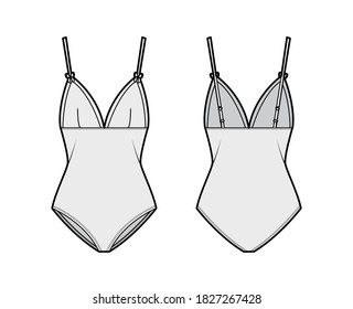 Bodysuit technical fashion illustration with adjustable shoulder straps medium-coverage briefs. Flat swim and underwear one-piece apparel template front back grey color. Women men unisex shirt top CAD