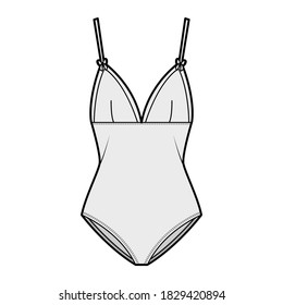 Bodysuit technical fashion illustration with adjustable shoulder straps, medium-coverage briefs. Flat swim and underwear one-piece apparel template front grey color. Women men unisex shirt top 