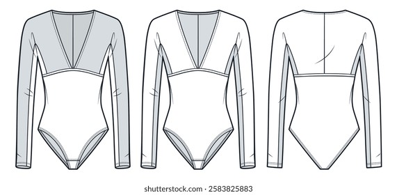 Bodysuit Technical Fashion Illustration. V Neck Bodysuit fashion flat technical drawing template, long sleeves, slim fit, front and back view, white, women, men, unisex CAD mockup set.