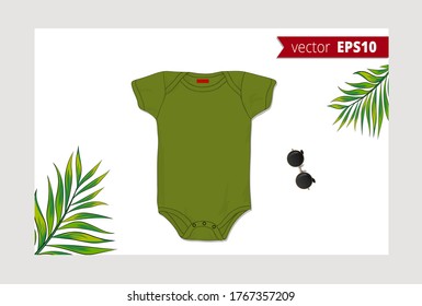 Vector de traje de cuerpo se burla de hojas de palma y gafas de sol redondas. 