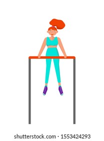 Bodyweight concept. Exit by force on two arms. Strong young fit girl in modern sport outfit is doing pull up on horizontal bar. Outdoor or gym sports concept.