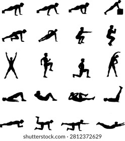 Bodyweight Exercise Silhouette Icons Set – Fitness Poses Collection Vector
