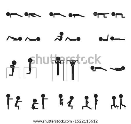 Bodyweight exercises set vector pictograms, isolated simple icons.