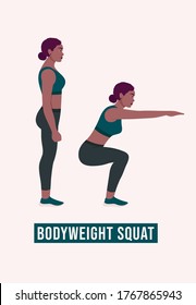 BODYWEIGHT SQUAT exercise, Woman workout fitness, aerobic and exercises. Vector Illustration.