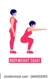 BODYWEIGHT SQUAT exercise, Woman workout fitness, aerobic and exercises. Vector Illustration.