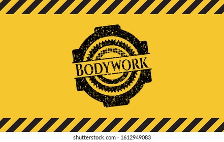 Bodywork black grunge emblem inside yellow warning sign. Vector Illustration. Detailed.