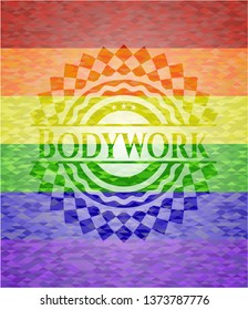 Bodywork emblem on mosaic background with the colors of the LGBT flag