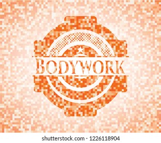 Bodywork orange tile background illustration. Square geometric mosaic seamless pattern with emblem inside.