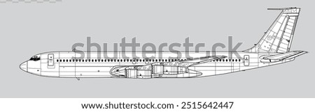 Boeing 707-320. Vector drawing of long-range passenger jet airliner. Side view. Image for illustration and infographics.