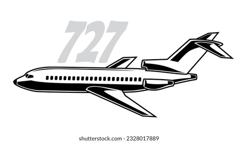 Boeing 727. Stylized drawing of a vintage passenger airliner. Isolated image for prints, poster and illustrations.