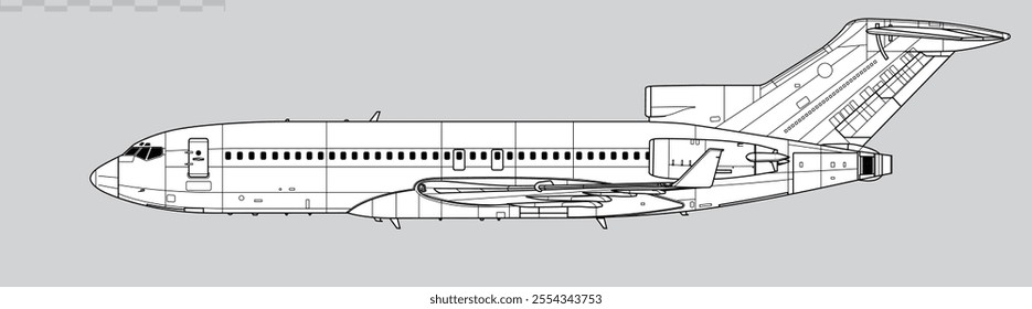 Boeing 727-100 Super 27. Vector drawing of mid-range jet airliner. Side view. Image for illustration and infographics.