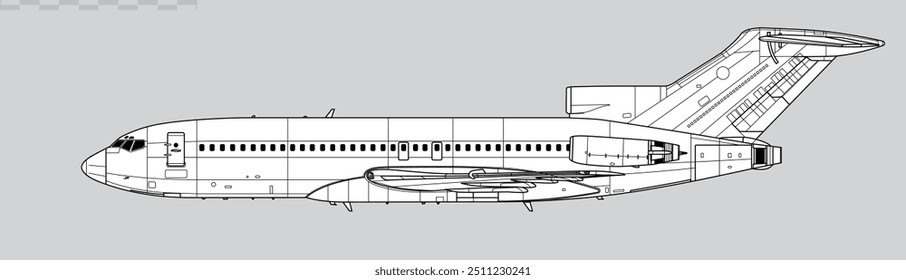 Boeing 727-100. Vector drawing of narrow-body mid-range passenger jet airliner. Side view. Image for illustration and infographics.