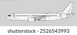 Boeing 737 MAX-8. Vector drawing of narrow-body airliner. Side view. Image for illustration and infographics.