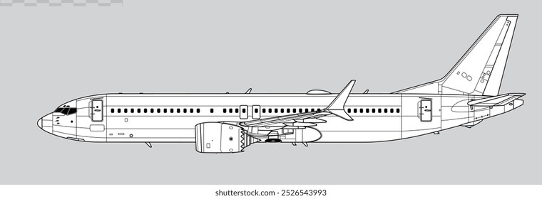 Boeing 737 MAX-8. Vector drawing of narrow-body airliner. Side view. Image for illustration and infographics.