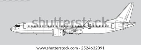 Boeing 737 MAX-9. Vector drawing of narrow-body passenger jet airliner. Side view. Image for illustration and infographics.