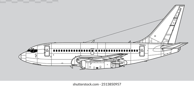 Boeing 737-100 Original. Vector drawing of short range passenger jet airliner. Side view. Image for illustration and infographics.