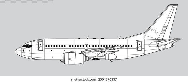 Boeing 737-600 Next Generation. Vector drawing of short-range passenger jet airliner. Side view. Image for illustration and infographics.