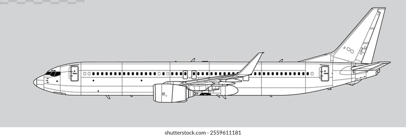 Boeing 737-900ER Next Generation. Vector drawing of narrow-body passenger jet airliner. Side view. Image for illustration and infographics.