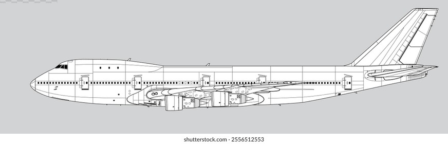 Boeing 747-100. Vector drawing of wide-body jet airliner. Side view. Image for illustration and infographics.