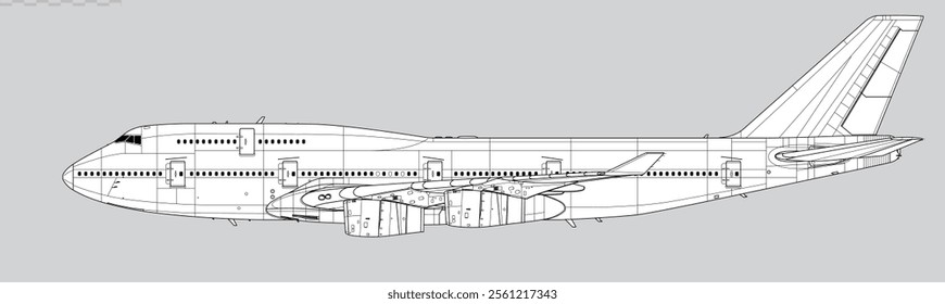 Boeing 747-400. Vector drawing of wide-body long-range jetliner. Side view. Image for illustration and infographics.