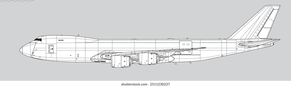 Desenho vetorial de aeronaves de carga a jato de longo alcance. Vista lateral. Imagem para ilustração e infográficos.