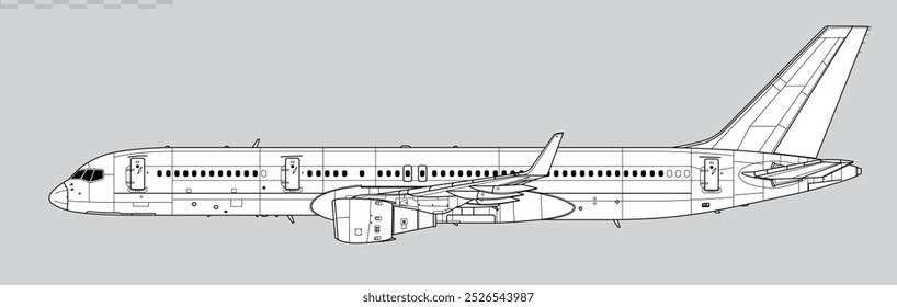 Desenho vetorial do avião comercial de corpo estreito de gama média. Vista lateral. Imagem para ilustração e infográficos.