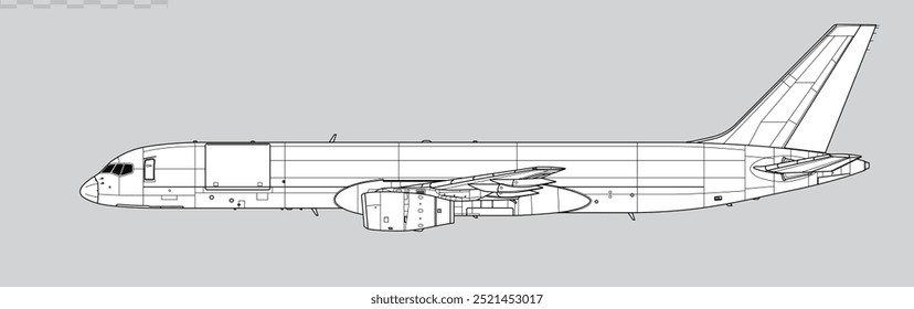 Desenho vetorial dos aviões a jato de carga. Vista lateral. Imagem para ilustração e infográficos.