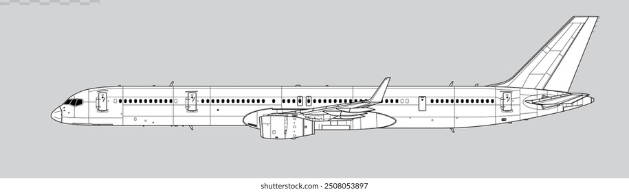 Boeing 757-300. Vector drawing of narrow-body mid-range passenger jet airliner. Side view. Image for illustration and infographics.