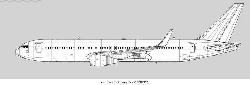 Boeing 767-300ER. Vector drawing of long-range, passenger jetliner. Side view. Image for illustration and infographics.