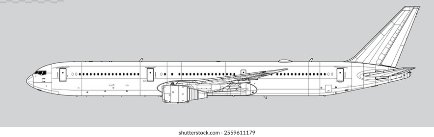 Boeing 767-400ER. Vector drawing of long-range, passenger jet airliner. Side view. Image for illustration and infographics.