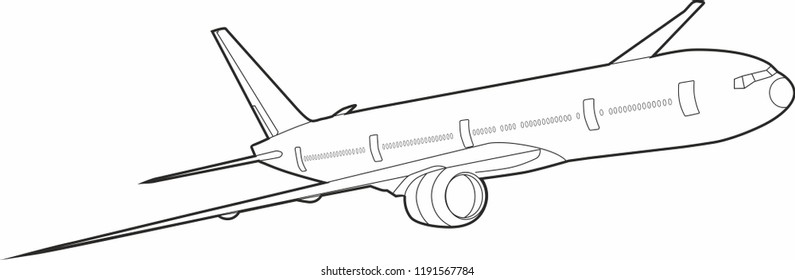 Boeing 777 aircraft vector. Aircraft. Black and white boeing. Flying airplane. Big Commercial airplanes. Vector illustration.