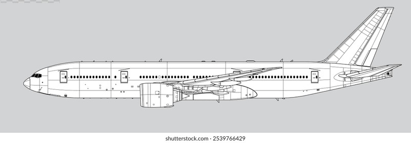 Boeing 777-200ER. Vector drawing of wide body long range jet airliner. Side view. Image for illustration and infographics.